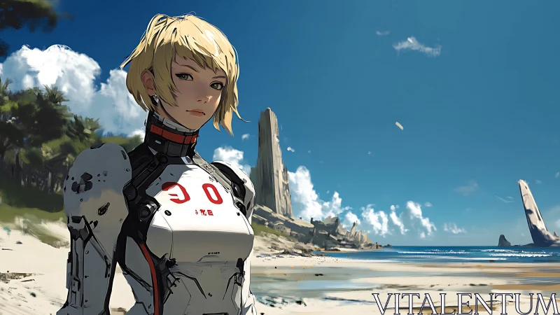 Calm android explorer resting beside a bright ocean shore.