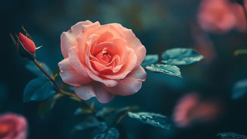 Blush-touched bloom commands the teal stage with velvet grace