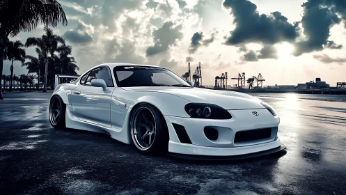 Widebody white coupe under moody portside sunset sky.