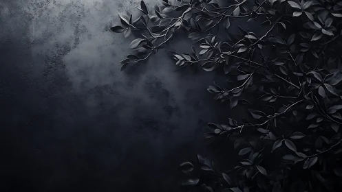 Dark botanical branches on textured stone background surface.