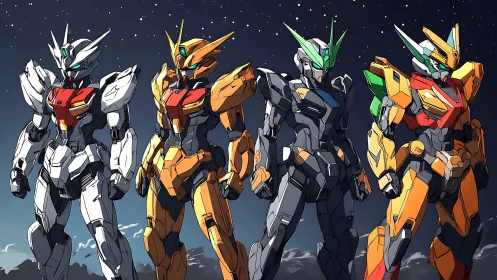 Four heroic mecha allies standing proud under starlight.