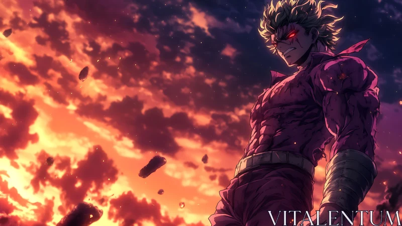 Fierce anime warrior dominates burning twilight sky.