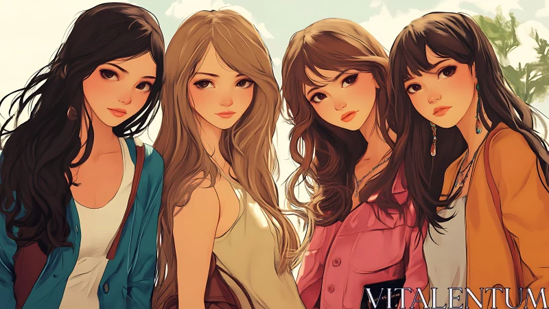 Four stylish girls in anime art style with pastel colors outdoors.