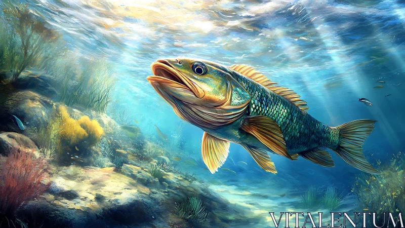 Sunlit emerald fish gliding through vivid reef waters.