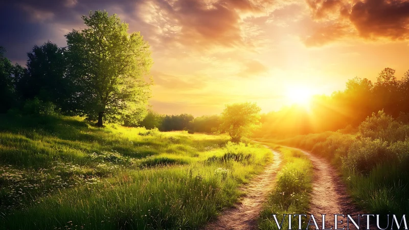 Sunlit country path curves through vivid green summer meadow.