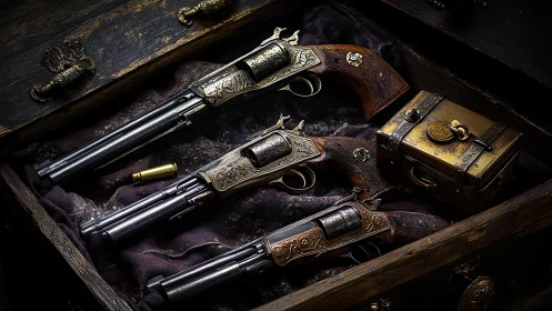 Three engraved revolvers are arranged in a wooden chest