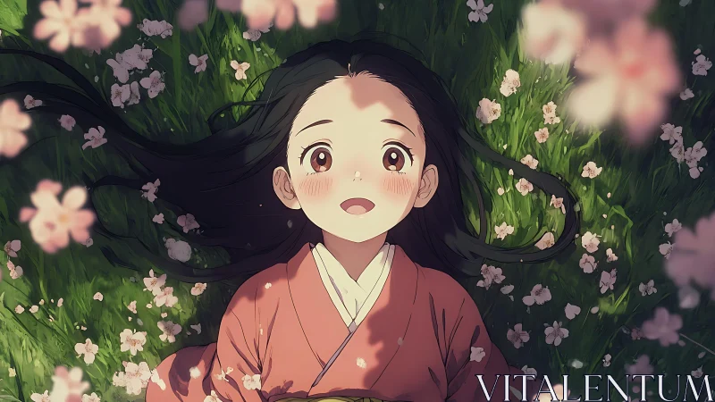 Spring-dazed girl among drifting cherry blossom confetti.