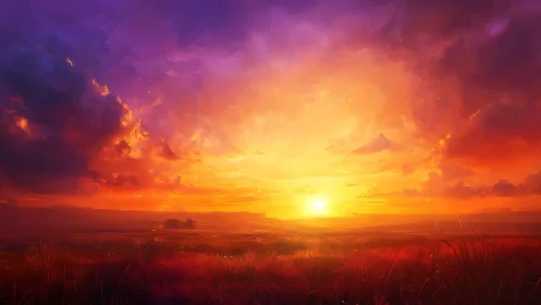 Vibrant digital sunset over glowing wild grassland horizon.