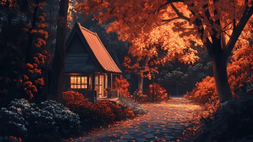 Autumnal forest cottage with warm emissive window lighting.
