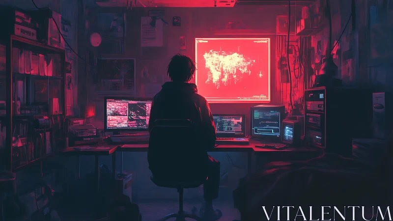 Lone hacker monitors glowing red cyber maps in dark room