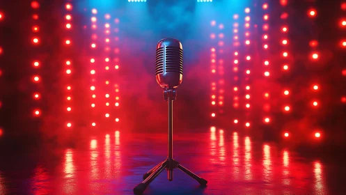 Vintage microphone on stage with red and blue studio lights.