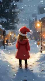 Girl in red coat explores snowy lamplit Christmas street.