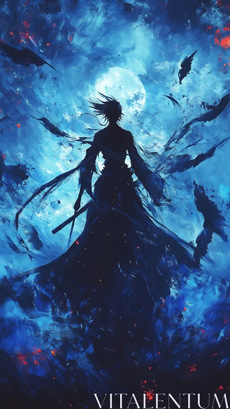 Digital painting silhouette of lunar warrior in turbulent sky.