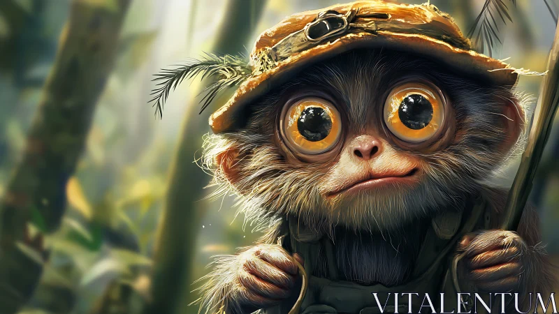 Small jungle creature with gear and oversized eyes in focus.