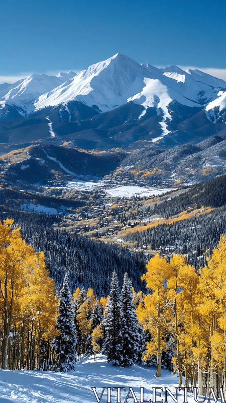 Snowy mountain valley with vivid autumn aspen forest below.