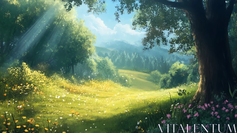 Sunlit wildflower meadow opens beneath towering oak tree