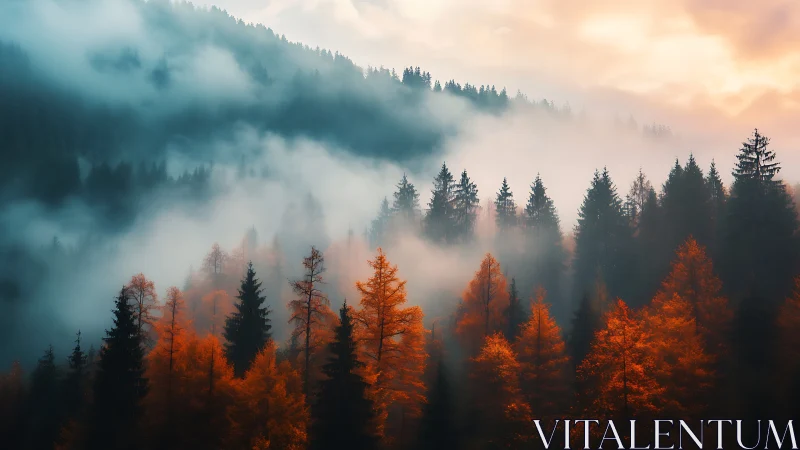 Autumn Coniferous Forest Enshrouded in Dense Fog with Atmospheric Light Diffusion