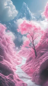 Digital render depicts pink valley with river and peak