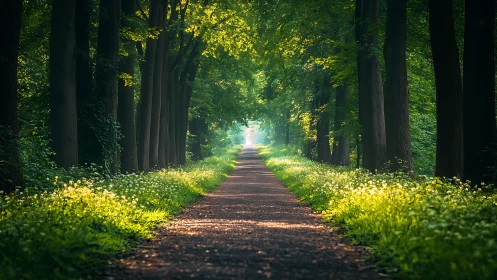 Sunlit Forest Pathway with Tall Trees in Tranquil Nature Setting.