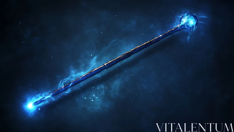 Glowing blue magic staff emits energy in a dark void
