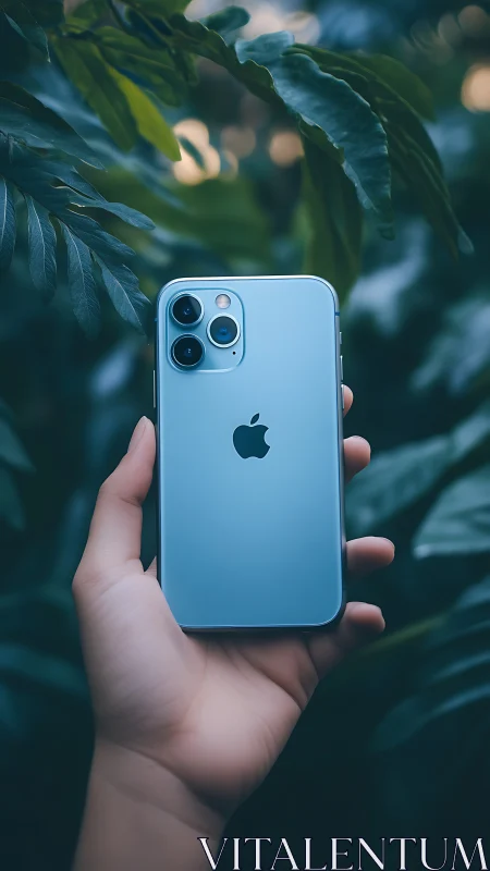 iPhone 13 Pro in light blue held against foliage backdrop.