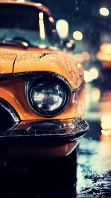 Yellow vintage car close-up in rainy city at night.