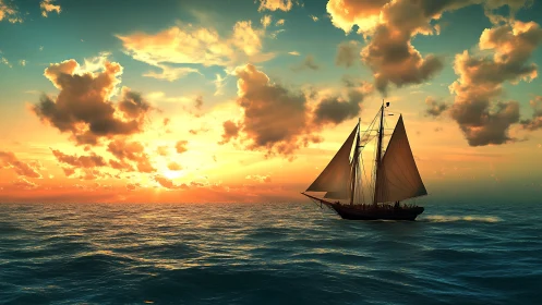 Tall ship under vivid sunset sky on open ocean horizon.
