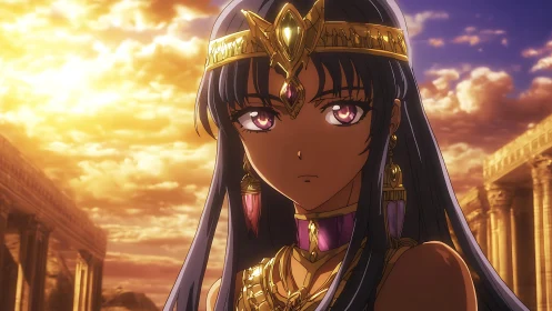 Regal anime queen under blazing sunset above ruins.