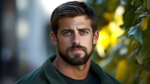 Bearded man portrait with soft bokeh and natural foliage light.