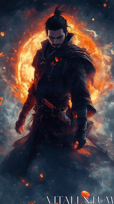 Samurai figure before circular fire halo in dense smoke.