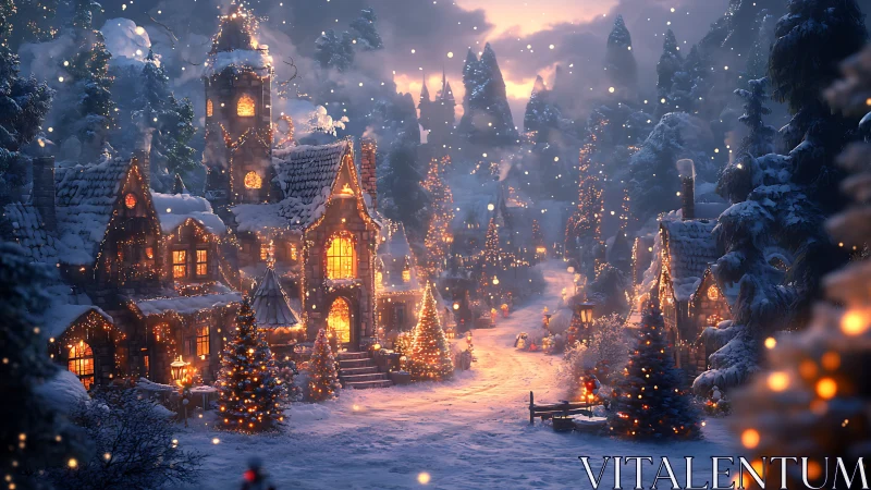 Snow-covered village street with illuminated houses at dusk.