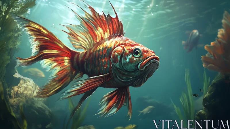 Digital painting of luminous red reef fish in kelp forest.