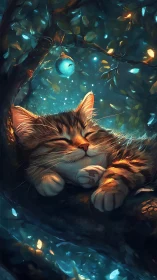 Resting cat beneath illuminated tree with floating particles