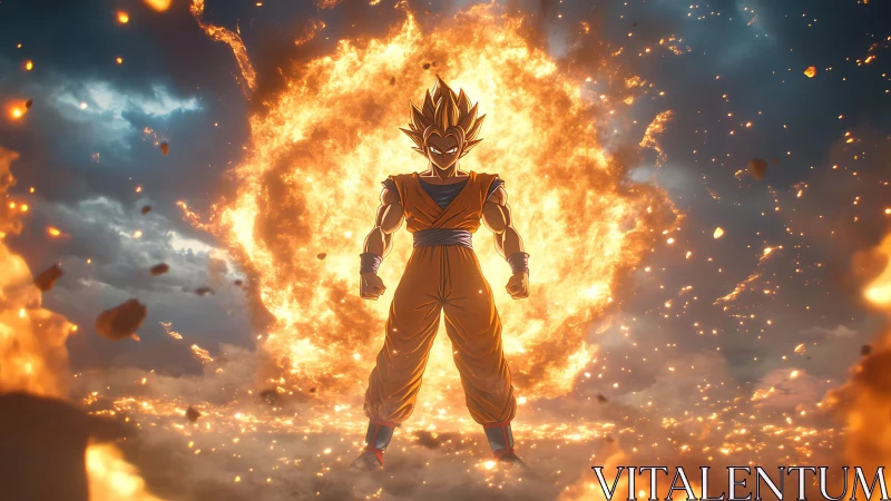 Fiery anime warrior unleashes blazing cosmic battle aura.