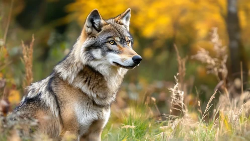 Wild grey wolf in autumn meadow with golden bokeh backdrop.