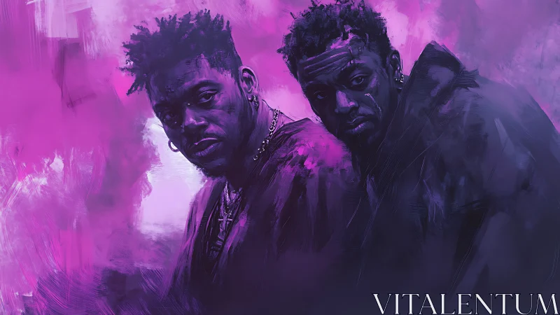 Purple haze twins stare through neon shadow and memory.