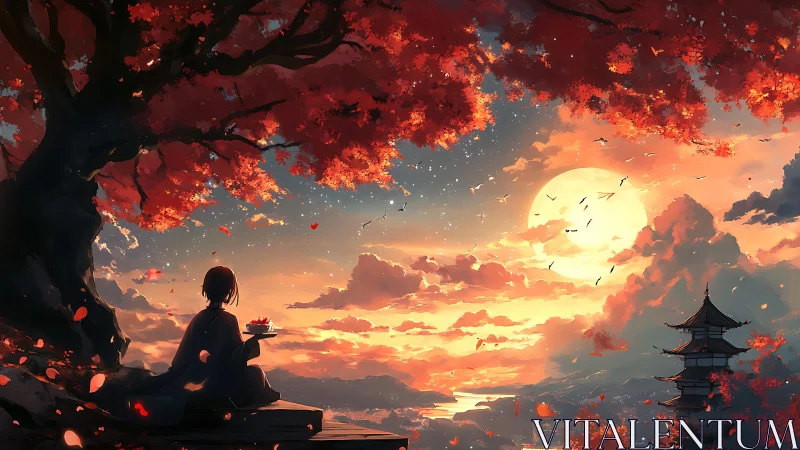 Silhouette watches sunset beneath red tree over pagoda valley