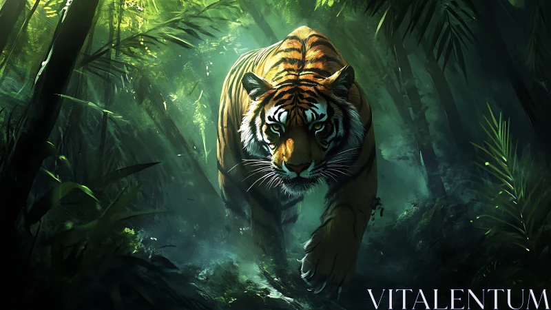 Solitary tiger moving through dense green forest undergrowth.
