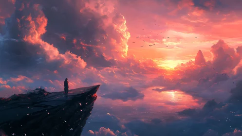 Solitary figure over glowing cloud sea at radiant sunset.