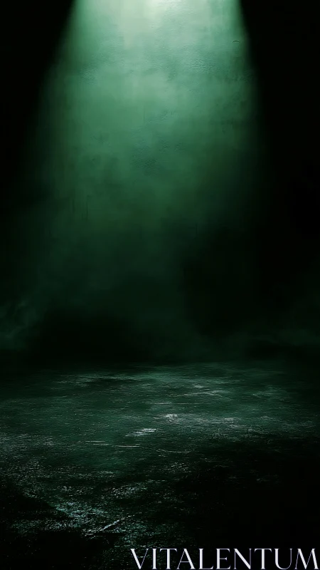 Green spotlight over empty textured floor in darkness.