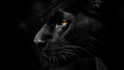 Black panther head profile with golden amber eyes against dark background