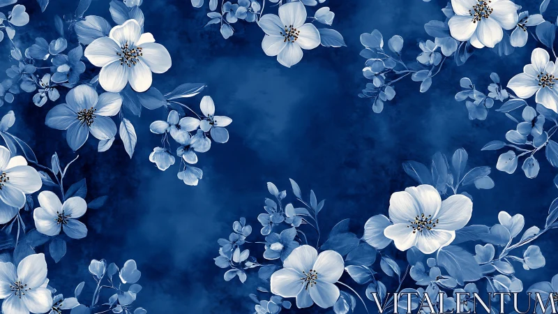 White Flowers Against Deep Blue Background