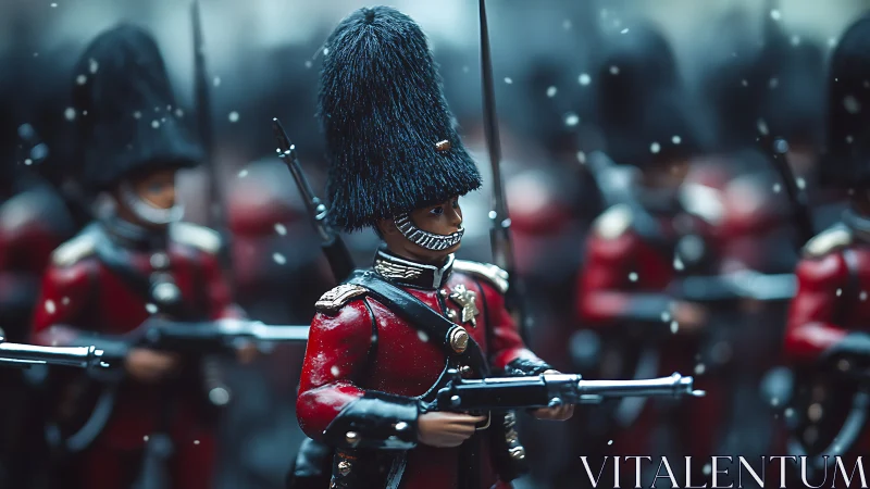 Toy guards in red uniforms stand in formation under snowfall
