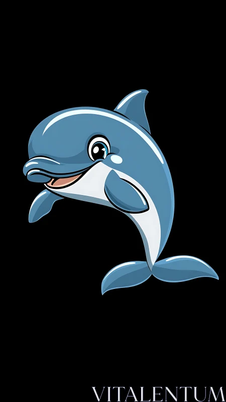 Smiling cartoon dolphin splashing through midnight waters.