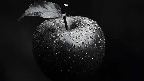 Monochrome macro apple with water droplets on dark backdrop.