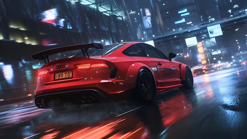 Red sports coupe on wet urban street at night in rain.