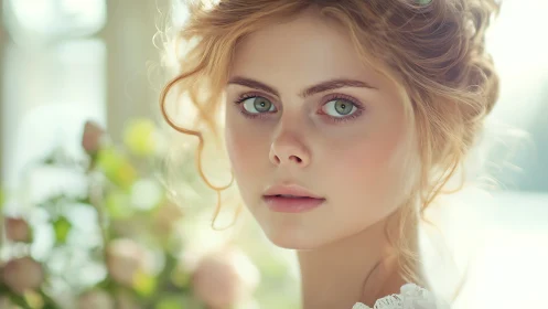 Soft-lit bridal portrait with dreamy green-eyed focus.
