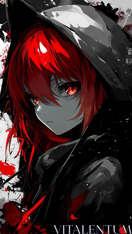 Red-haired hooded figure rendered in high-contrast palette