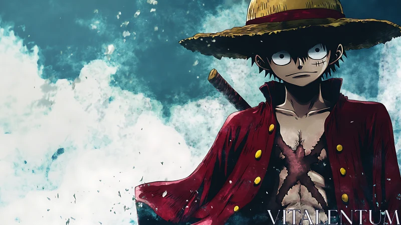 Determined straw hat pirate standing against crashing waves.