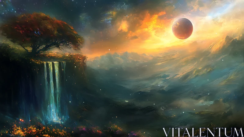 Radiant alien horizon with chromatic waterfall and distant planet